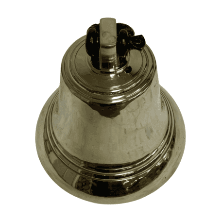 Decorative Brass Bell with Clapper - 8 lb. 04 Top angle of decorative brass bell showing raised details
