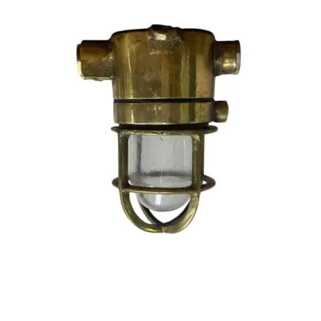 miniature brass ceiling light front view with plastic globe and cage guard