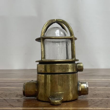 Miniature Vintage Brass Ceiling Light with Plastic Globe 03 miniature brass ceiling light angled view with visible patina and side ports