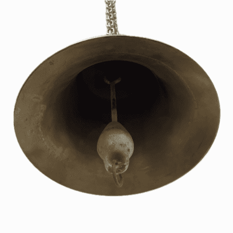 Salvaged Brass Bell from Sanko Hibiscus (1985) - 12” Ship’s Bell 01 salvaged brass bell interior view showing original clapper and surface patina