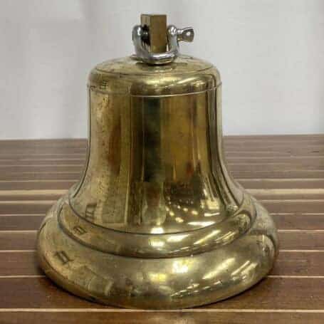 Salvaged Brass Bell from Sanko Hibiscus (1985) - 12” Ship’s Bell 03 salvaged brass bell side profile showing base and service scratches