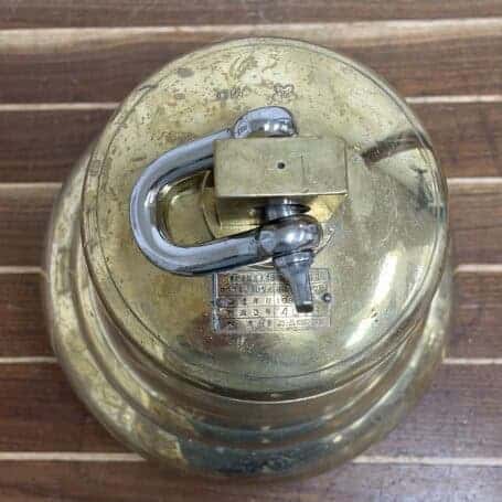 Salvaged Brass Bell from Sanko Hibiscus (1985) - 12” Ship’s Bell 04 salvaged brass bell top mounting hardware and manufacturer plate