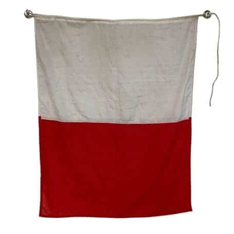 Salvaged Letter H Nautical Signal Flag - 36 x 28 03 salvaged letter h nautical signal flag 36 x 28 full view hanging with rope attachment