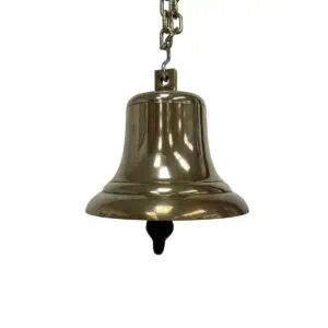 salvaged solid brass bell hanging with chain and clapper visible