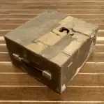vintage wooden sextant storage box exterior with handle and lid wear
