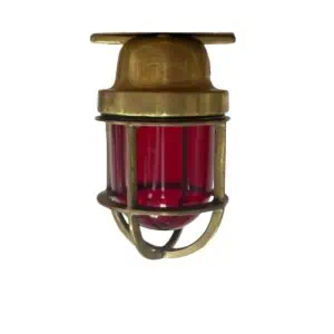brass nautical bulkhead light red globe front view with cage guard