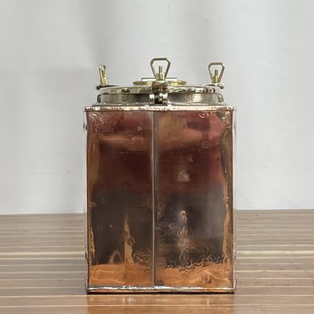 Vintage Nautical Running Light - Copper and Brass with Fresnel Lens 03 Rear panel of vintage nautical running light with aged copper surface and rivets