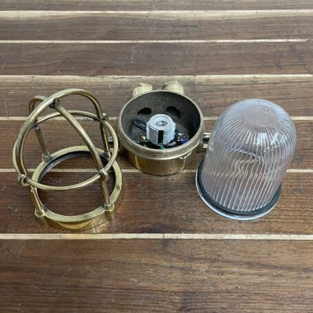 Mini Brass Caged Ceiling Light - Secure Fit, Partial Thread Cage 11 disassembled parts of the Mini Brass Caged Ceiling Light - Secure Fit, Partial Thread Cage
