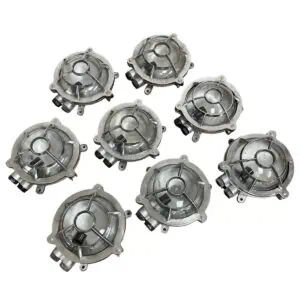 salvaged aluminum ceiling light fixtures with glass covers and cage guards set of 8