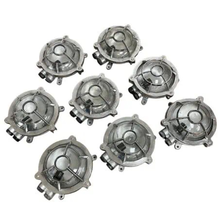 salvaged aluminum ceiling light fixtures with glass covers and cage guards set of 8