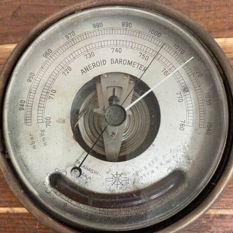 Nautical Aneroid Barometer - Takahashi Osaka 1978 Brass Ship Instrument 01 nautical aneroid barometer Takahashi Osaka 1973 front dial view
