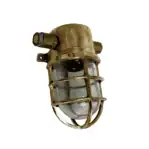 salvaged small bulkhead light with side conduits front view with cage and glass globe