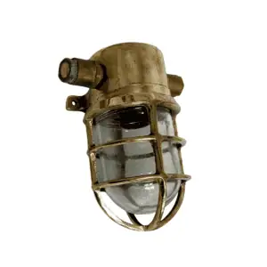 salvaged small bulkhead light with side conduits front view with cage and glass globe