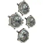 Set of 4 aluminum ceiling light fixtures front view showing glass lens and cage