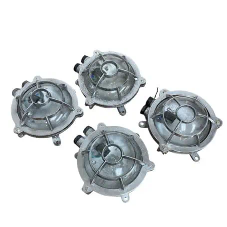 Set of 4 aluminum ceiling light fixtures top angle showing mounting tabs and housing