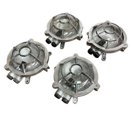 Set of 4 Aluminum Ceiling Light Fixtures - Vintage Maritime Style 03 Vintage maritime ceiling light fixtures set of four showing side profile and conduits