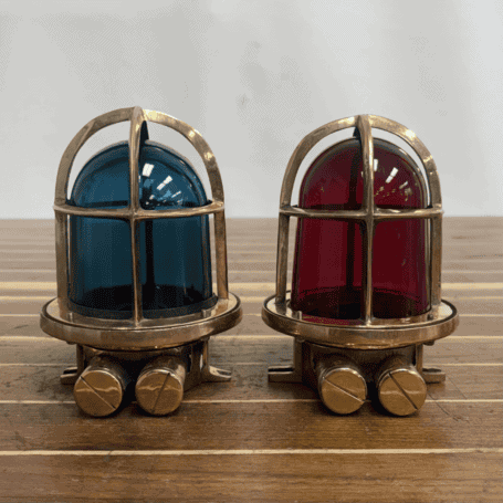 Vintage Brass Nautical Navigation Lights (5) side view brass ship lights showing conduit ports