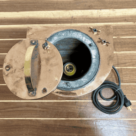 Vintage Copper Nautical Light with Amber Marine Lens (7) Open lantern top showing interior socket and lens housing