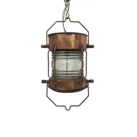 vintage copper ship lantern front view with fresnel glass lens