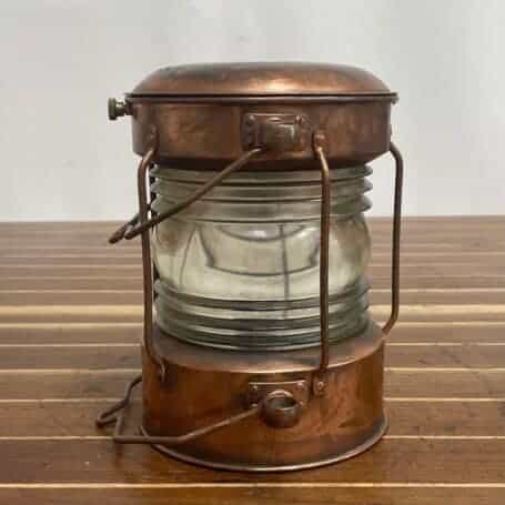 Vintage Copper Ship Lantern with Fresnel Glass Lens 08 nautical lantern copper body with heavy patina and glass lens