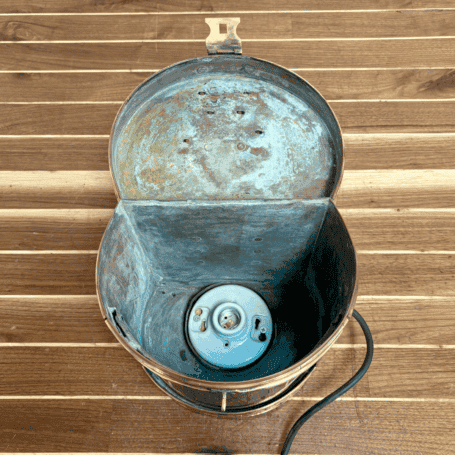 Vintage Copper Ship Navigation Light with Green Marine Lens (6) Open marine lantern showing ceramic socket and interior