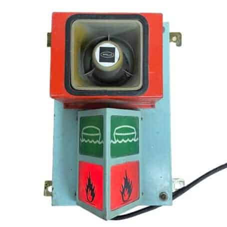 vintage lifeboat fire alarm box front view with red speaker and indicator lights
