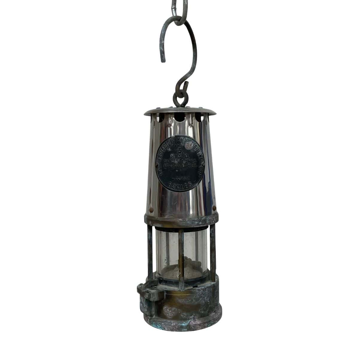 Vintage Miners Safety Lamp Eccles Type 6 Brass and Steel 07 miners safety lamp full front view with Eccles badge hanging