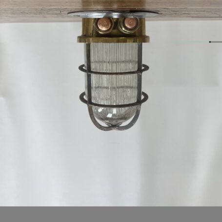 Nautical Ribbed Ceiling Light with Patinaed Cage 02 Nautical Ribbed Ceiling Light installed view showing patinaed cage and ribbed glass globe