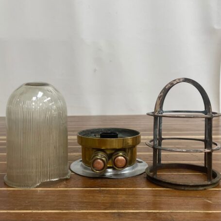 Nautical Ribbed Ceiling Light with Patinaed Cage 05 Disassembled Nautical Ribbed Ceiling Light showing globe, cage, and fixture components