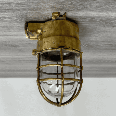 Vintage Brass Caged Ship Light with Dual Conduits (2) Side view of brass ship light showing dual conduit fittings and mounting arms